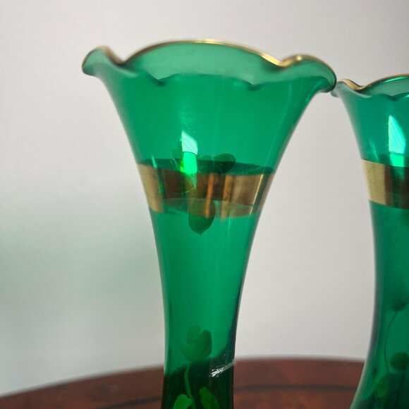 VTG Pair Czech Bohemian Green Vase Hand painted Hand blown 22k Gold Accents 8" - Picture 10 of 10